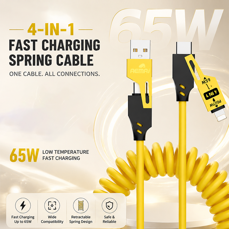 AEMAI XP11 4-in-1 spring fast charging cable 65W retractable yellow